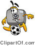 Illustration of a Cartoon Camera Mascot Kicking a Soccer Ball by Mascot Junction