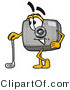 Illustration of a Cartoon Camera Mascot Leaning on a Golf Club While Golfing by Mascot Junction