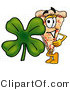 Illustration of a Cartoon Cheese Pizza Mascot with a Green Four Leaf Clover on St Paddy's or St Patricks Day by Mascot Junction