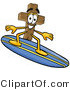 Illustration of a Cartoon Christian Cross Mascot Surfing on a Blue and Yellow Surfboard by Mascot Junction
