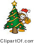Illustration of a Cartoon Christian Cross Mascot Waving and Standing by a Decorated Christmas Tree by Mascot Junction