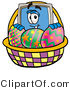 Illustration of a Cartoon Computer Mascot in an Easter Basket Full of Decorated Easter Eggs by Mascot Junction