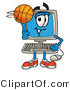 Illustration of a Cartoon Computer Mascot Spinning a Basketball on His Finger by Mascot Junction