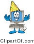 Illustration of a Cartoon Computer Mascot Wearing a Birthday Party Hat by Mascot Junction
