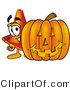 Illustration of a Cartoon Construction Safety Cone Mascot with a Carved Halloween Pumpkin by Mascot Junction