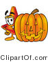 Illustration of a Cartoon Construction Safety Cone Mascot with a Carved Halloween Pumpkin by Toons4Biz