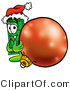 Illustration of a Cartoon Dollar Bill Mascot Wearing a Santa Hat, Standing with a Christmas Bauble by Mascot Junction