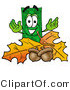 Illustration of a Cartoon Dollar Bill Mascot with Autumn Leaves and Acorns in the Fall by Mascot Junction