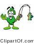 Illustration of a Cartoon Dollar Sign Mascot Holding a Fish on a Fishing Pole by Mascot Junction