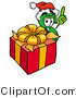 Illustration of a Cartoon Dollar Sign Mascot Standing by a Christmas Present by Mascot Junction