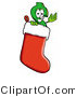 Illustration of a Cartoon Dollar Sign Mascot Wearing a Santa Hat Inside a Red Christmas Stocking by Mascot Junction