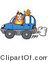 Illustration of a Cartoon Fire Droplet Mascot Driving a Blue Car and Waving by Mascot Junction