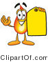 Illustration of a Cartoon Fire Droplet Mascot Holding a Yellow Sales Price Tag by Mascot Junction