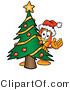 Illustration of a Cartoon Fire Droplet Mascot Waving and Standing by a Decorated Christmas Tree by Mascot Junction