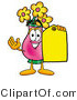 Illustration of a Cartoon Flowers Mascot Holding a Yellow Sales Price Tag by Mascot Junction