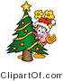 Illustration of a Cartoon Flowers Mascot Waving and Standing by a Decorated Christmas Tree by Mascot Junction