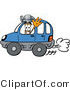 Illustration of a Cartoon Hammer Mascot Driving a Blue Car and Waving by Mascot Junction