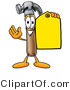 Illustration of a Cartoon Hammer Mascot Holding a Yellow Sales Price Tag by Mascot Junction