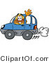 Illustration of a Cartoon Hard Hat Mascot Driving a Blue Car and Waving by Mascot Junction