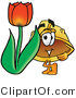 Illustration of a Cartoon Hard Hat Mascot with a Red Tulip Flower in the Spring by Mascot Junction