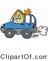 Illustration of a Cartoon House Mascot Driving a Blue Car and Waving by Mascot Junction