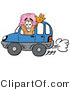 Illustration of a Cartoon Ice Cream Cone Mascot Driving a Blue Car and Waving by Mascot Junction
