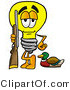 Illustration of a Cartoon Light Bulb Mascot Duck Hunting, Standing with a Rifle and Duck by Mascot Junction