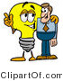 Illustration of a Cartoon Light Bulb Mascot Talking to a Business Man by Mascot Junction