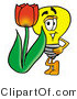 Illustration of a Cartoon Light Bulb Mascot with a Red Tulip Flower in the Spring by Mascot Junction
