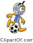 Illustration of a Cartoon Magnifying Glass Mascot Kicking a Soccer Ball by Mascot Junction