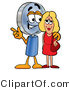 Illustration of a Cartoon Magnifying Glass Mascot Talking to a Pretty Blond Woman by Mascot Junction