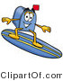 Illustration of a Cartoon Mailbox Surfing on a Blue and Yellow Surfboard by Mascot Junction