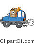 Illustration of a Cartoon Packing Box Mascot Driving a Blue Car and Waving by Mascot Junction