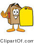 Illustration of a Cartoon Packing Box Mascot Holding a Yellow Sales Price Tag by Mascot Junction