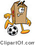 Illustration of a Cartoon Packing Box Mascot Kicking a Soccer Ball by Mascot Junction