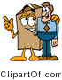 Illustration of a Cartoon Packing Box Mascot Talking to a Business Man by Mascot Junction