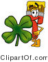 Illustration of a Cartoon Paint Brush Mascot with a Green Four Leaf Clover on St Paddy's or St Patricks Day by Mascot Junction