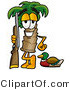 Illustration of a Cartoon Palm Tree Mascot Duck Hunting, Standing with a Rifle and Duck by Mascot Junction