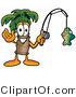 Illustration of a Cartoon Palm Tree Mascot Holding a Fish on a Fishing Pole by Mascot Junction