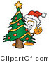 Illustration of a Cartoon Paper Mascot Waving and Standing by a Decorated Christmas Tree by Mascot Junction