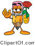 Illustration of a Cartoon Pencil Mascot Holding a Red Rose on Valentines Day by Toons4Biz