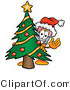 Illustration of a Cartoon Pencil Mascot Waving and Standing by a Decorated Christmas Tree by Mascot Junction