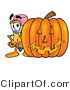 Illustration of a Cartoon Pencil Mascot with a Carved Halloween Pumpkin by Mascot Junction