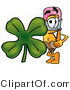 Illustration of a Cartoon Pencil Mascot with a Green Four Leaf Clover on St Paddy's or St Patricks Day by Mascot Junction