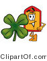 Illustration of a Cartoon Price Tag Mascot with a Green Four Leaf Clover on St Paddy's or St Patricks Day by Mascot Junction
