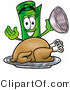 Illustration of a Cartoon Rolled Money Mascot Serving a Thanksgiving Turkey on a Platter by Mascot Junction