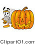 Illustration of a Cartoon Soccer Ball Mascot with a Carved Halloween Pumpkin by Mascot Junction