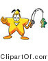 Illustration of a Cartoon Star Mascot Holding a Fish on a Fishing Pole by Mascot Junction