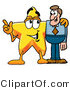Illustration of a Cartoon Star Mascot Talking to a Business Man by Mascot Junction