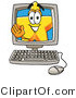 Illustration of a Cartoon Star Mascot Waving from Inside a Computer Screen by Mascot Junction